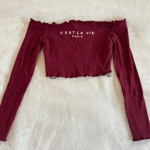 Shein Burgundy C'est La Vie Paris Long Sleeved Cropped Top Size Small